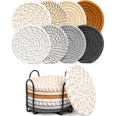 Drink Coasters With Holder Absorbent Coasters For Drinks Minimalist Cup Coasters Cotton Coaster Set Woven Coasters For Coffee Table Home Decor Bar Housewarming Gift