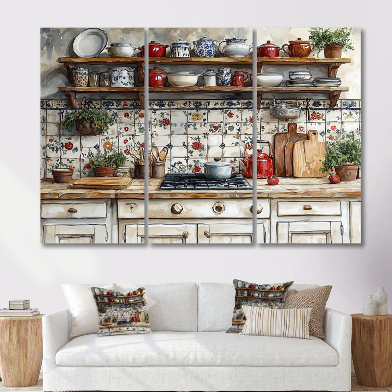 Country Kitchen Rustic Dream II - ensemble de reproductions d'art mural de cuisine, Toile tendue, H 32 po x l 48 po x P 1 po
