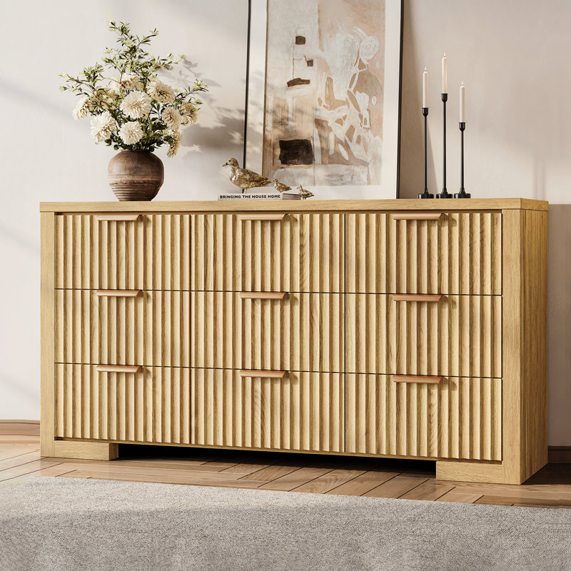 Modern 9-Drawer Dresser for Bedroom, 57''Wide Wood Chest Of Drawers w/ Metal Handles Fluted Design, Oak