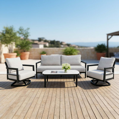 Ensemble de conversation d'extérieur 4 pièces avec fauteuils club pivotants à 360 °, canapé de banc, table basse de style marbre, structure en aluminium antirouille