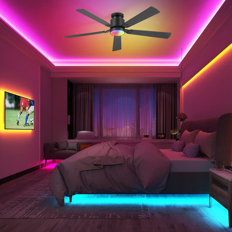 52" Smart Ceiling Fan With LED Light and RGB Ambient Lighting, App & Remote Control, Quiet Reversible DC Motor, 6 Speeds, Flush Mount, For Living Room Bedroom