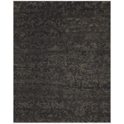 Tapis brun foncé en laine nouée à la main à motif rayé de 7 pi 9 po x 9 pi Issabell