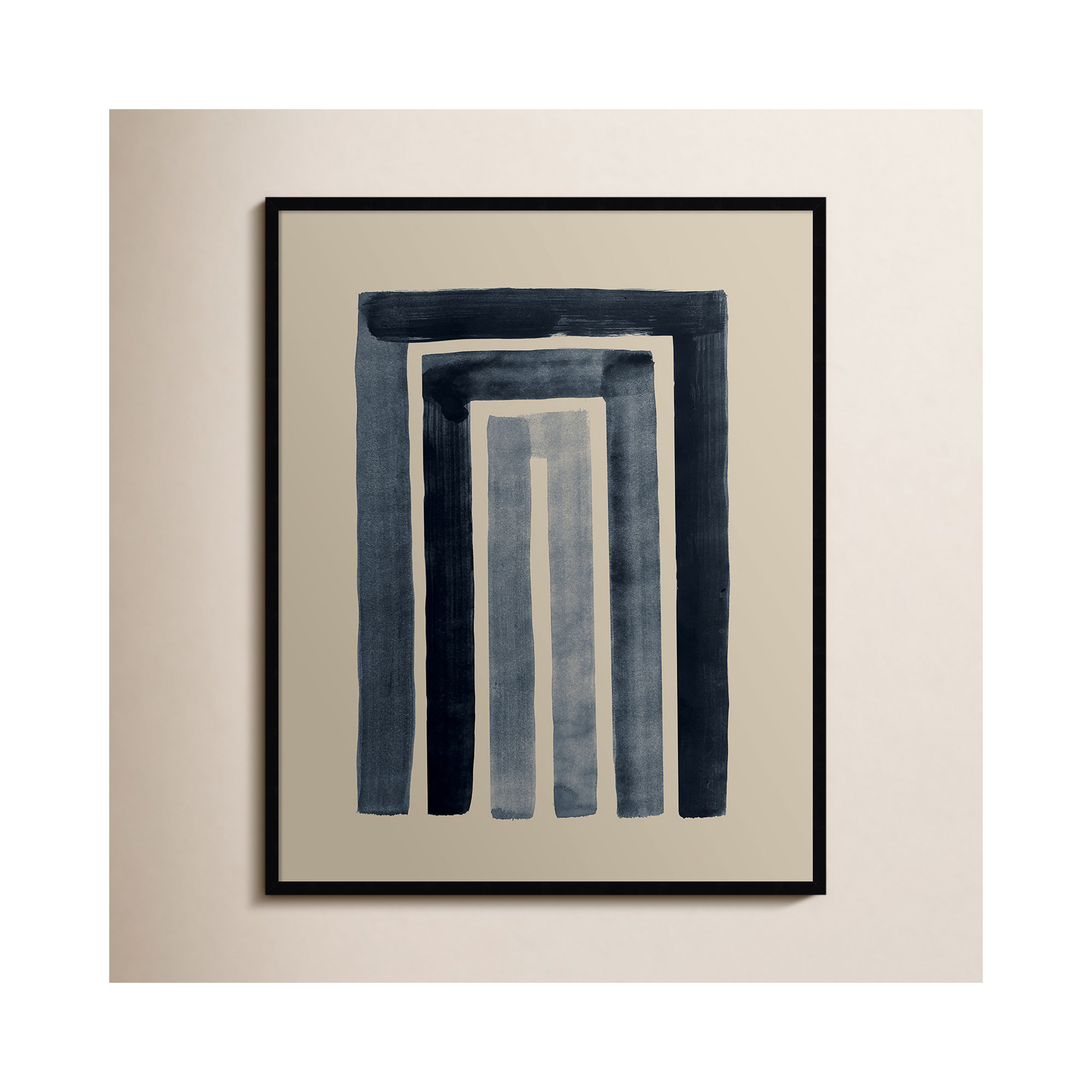 Mid Century Modern Abstract Rainbow Indigo Beige by The Creative Bunch Studio, 41" H x 33" W, Black Framed