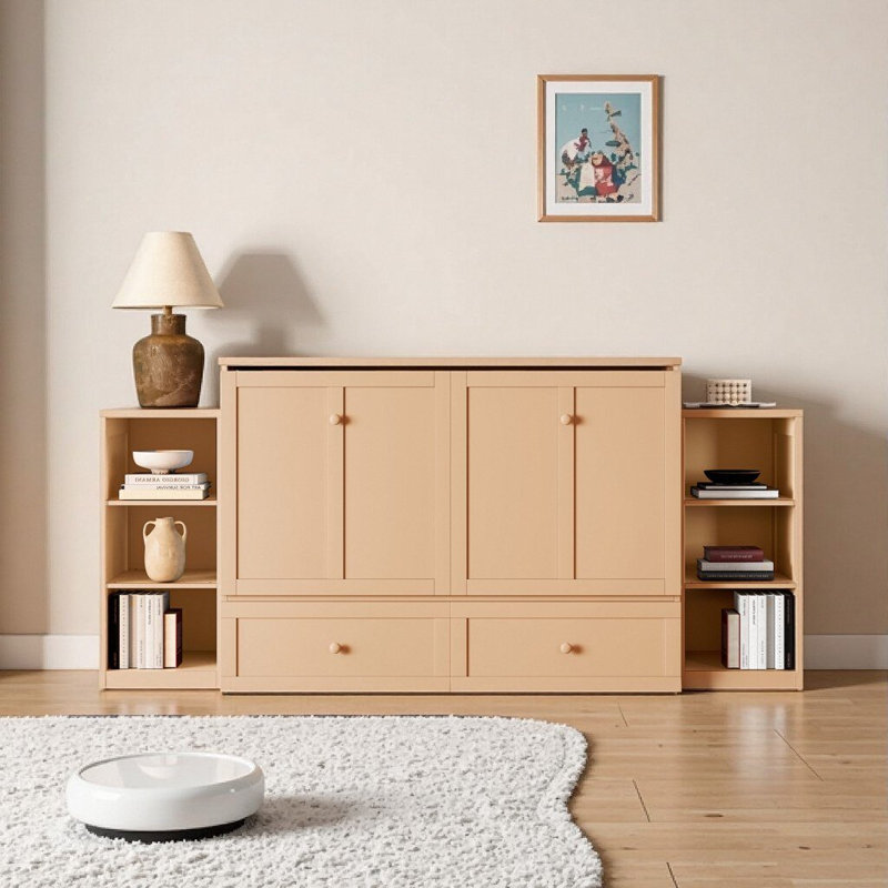 Grand lit escamotable doré avec de grands tiroirs et tablettes de rangement - Solution compacte pour les chambres d'amis et les espaces compacts