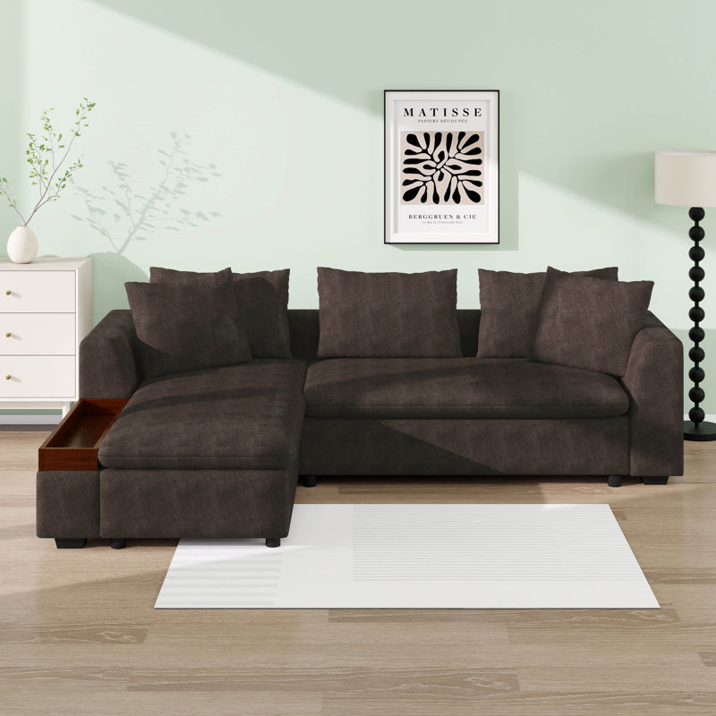 Canapé modulaire en forme de L 93,7 po avec compartiment de rangement en bois, canapé-lit et méridienne rembourrés en chenille et coussins décoratifs