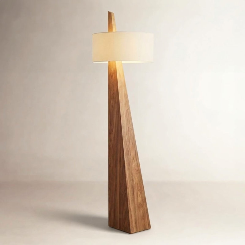 Lampe sur pied Obelisk - 63 po, bois de châtaignier, abat-jour en coton et lin blanc, Bois de frêne naturel