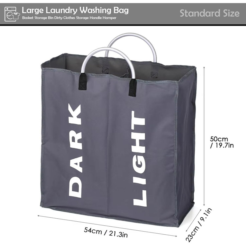 Double Compartment Large Fabric Laundry Basket With Handles (Dark Grey)