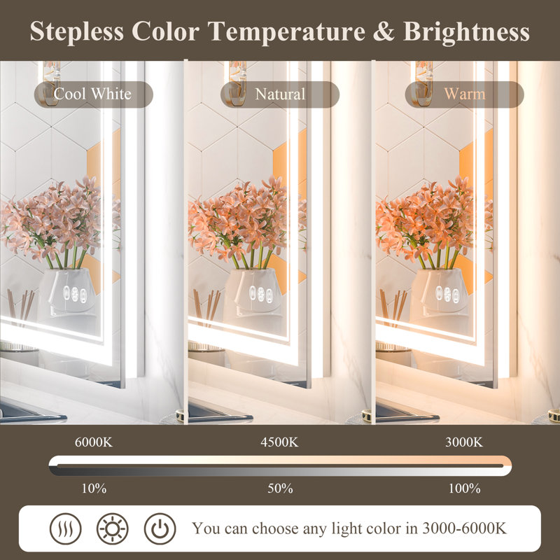 Chrisna LED Bathroom Mirror with Frontlit and Backlit, 3 Colors Temperature & Dimmable Light Anti-fog Tempered Glass Bathroom Vanity Mirror