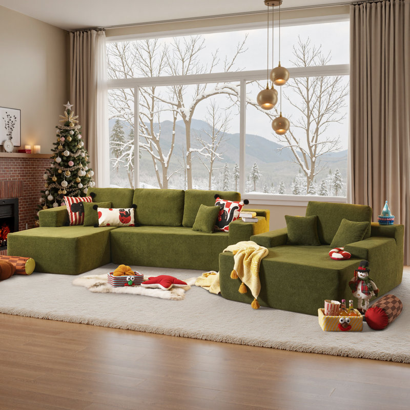 No Assembly Required Compression Packed 3-piece Cloud Modular Upholstered Sectional Sofa With Chaise Lounge Chair