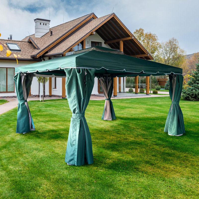 Garden Gazebo with Curtains, Mosquito Netting and Waterproof Double Roof, Green