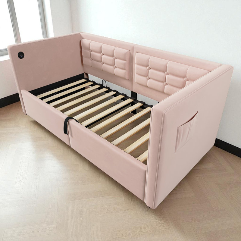 Twin Upholstered Daybed With Charging Station And Storage, Pink