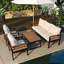 Ensemble de conversation extérieur 5 personnes avec structure en bois massif et acier, ensemble de mobilier de patio comprenant un canapé 3 places, 2 chaises et une table basse, coussins beiges amovibles-738006455