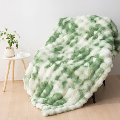 Thick Ribbed Faux Rabbit Fur Cozy Reversible Throw Blanket,Super Soft 3D Striped Fuzzy Cozy Blankets,Light Green,60"x 80"