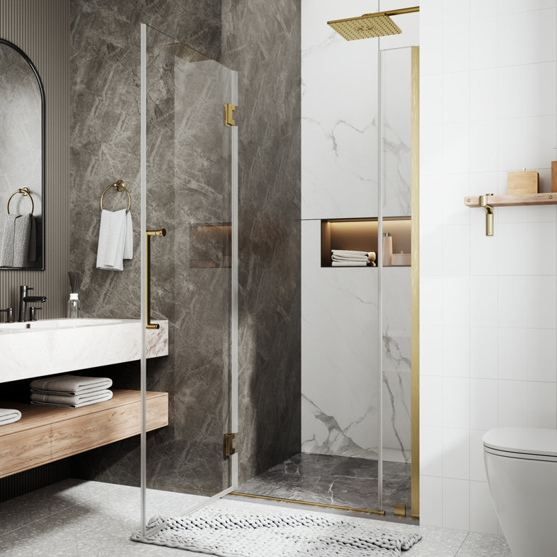 Porte de douche à charnière pivotante sans cadre 35-36 "x 74" noir mat, facile à nettoyer, Doré