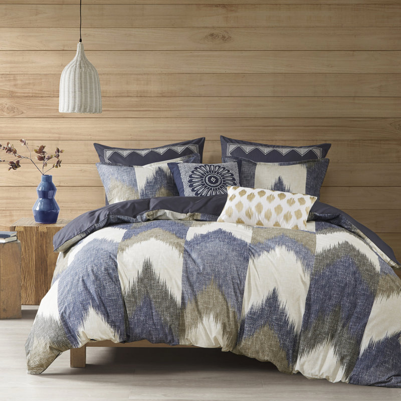 Élégante literie imprimée double / grand - housse de couette en coton avec revers uni et fermeture à boutons 2 taies décoratives 3 pièces