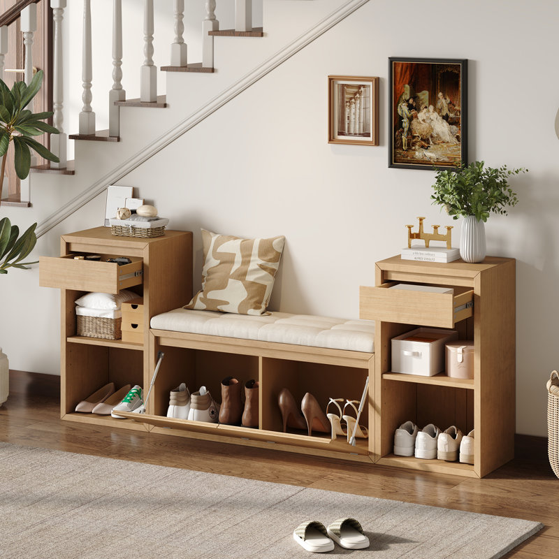 All-In-One Entryway Storage Bench With Cushion Compartments Drawers And Open Shelves For Hallways, Brown