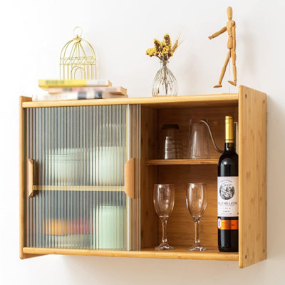 Small Bamboo Wall Cabinet With 2 Doors & Adjustable Shelves, Pantry Sideboard For Kitchen, Coffee Bar & Dining Storage (burlywood)