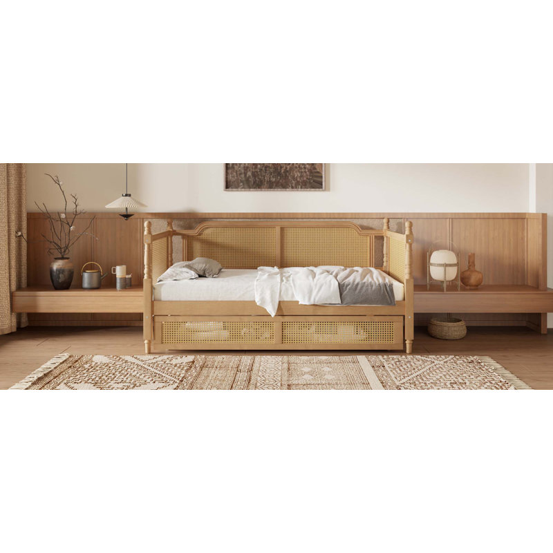 Traditional Style Rattan Daybed for Limited Space, Guest Room, No Box Spring Needed, Twin, Walnut 1