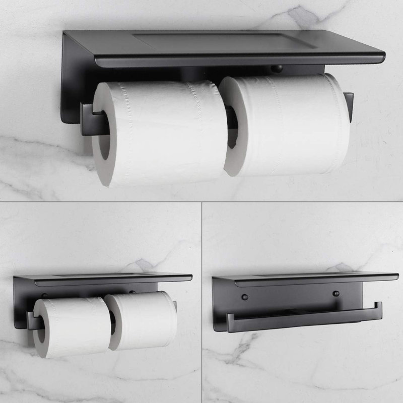 Porte-papier hygiénique avec tablette - Organisateur de salle de bain mural double rouleau, acier inoxydable, antirouille, installation facile