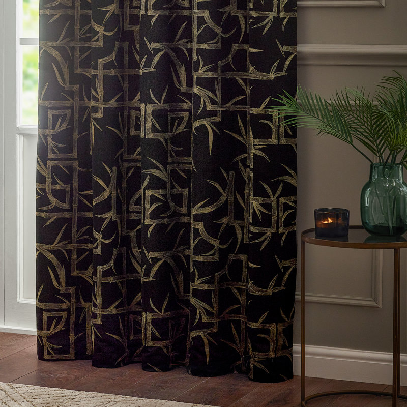Bamboo Room Darkening Curtain Panel Pair, Black, 229cm Width x 137cm Drop