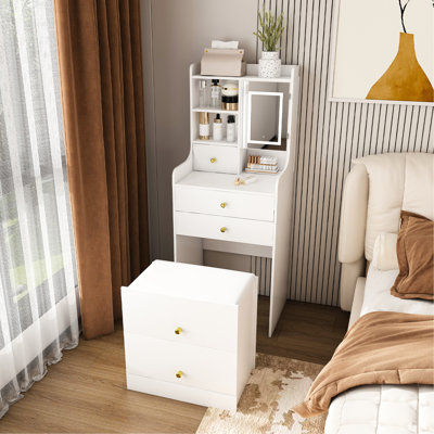 31 Vanity With Led Strip, Padded Stool & 4 Open Shelves - White Design For Bedroom Organization And Cosmetic Storage Multi Functional Mirror, Hidden Drawers Medium Density Makeup