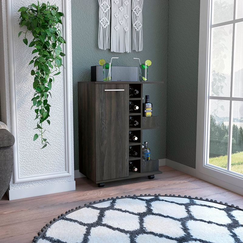 Bar Cart, Two External Shelves, Four Casters, Six Built-In Wine Rack, Single Door Cabinet, Brown