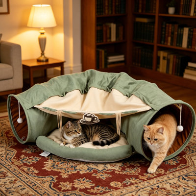 Cat's Telescopic Tunnel Cushioned Bed