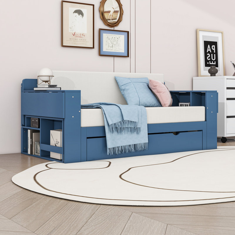 Wood Daybed with Desk and Storage Drawers and Shelves, Blue, Full