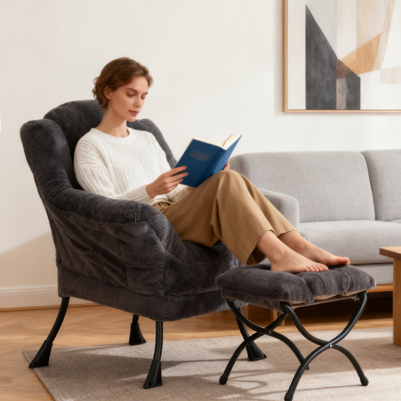 Fauteuil paresseux et rembourré Abramson, Bleu marine peluche, Non