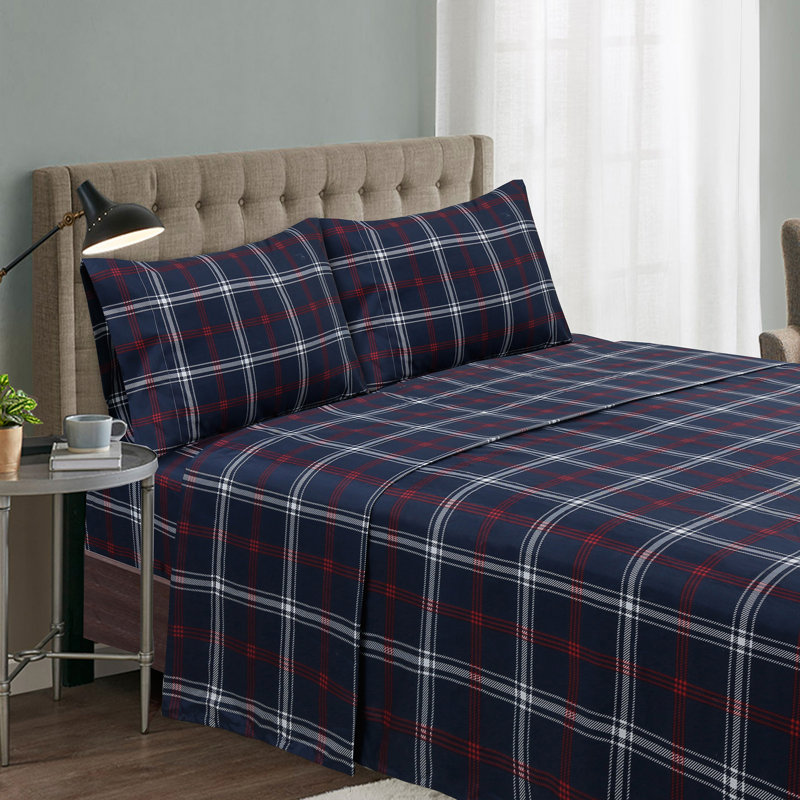Ensemble de draps 4 pièces bleu marine foncé / rouge / blanc, Ensemble de draps pour très grand lit avec 2 taie