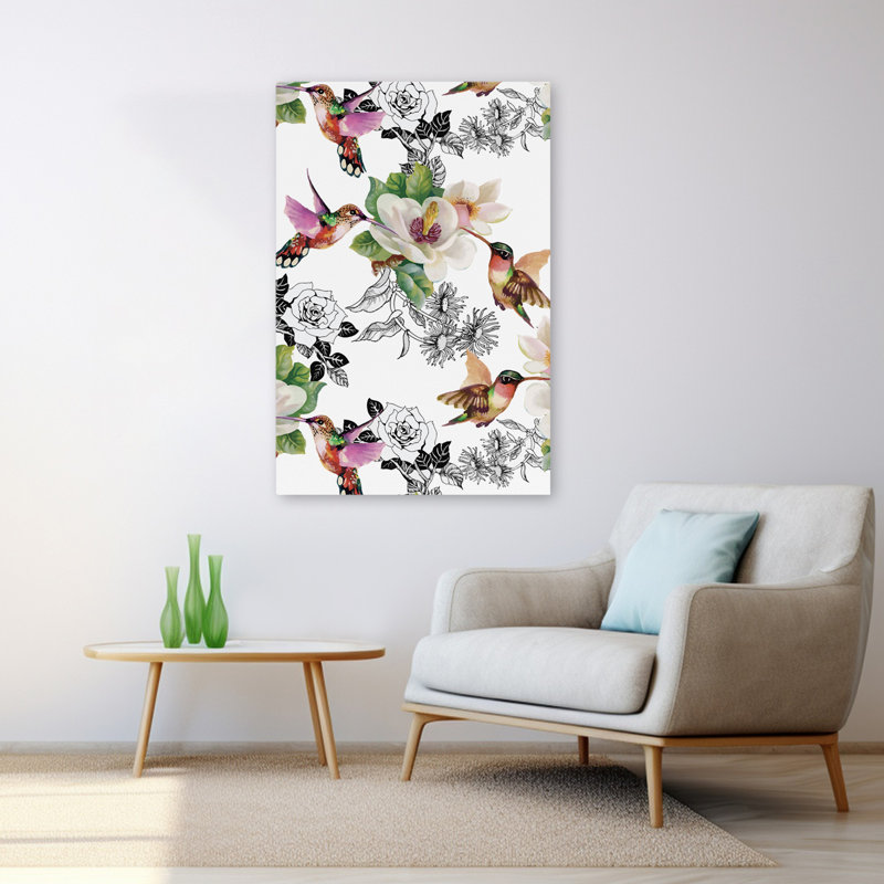 Colibris - Floral, nature morte, oiseaux, fleurs, art, H 48 po x l 32 po