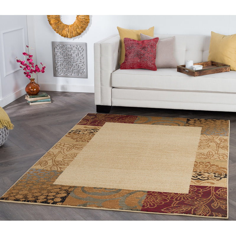 Abercorn Floral Border Beige Indoor Area Rug for Living Room, Dining Room, Bedroom, Rectangle 5' x 7'