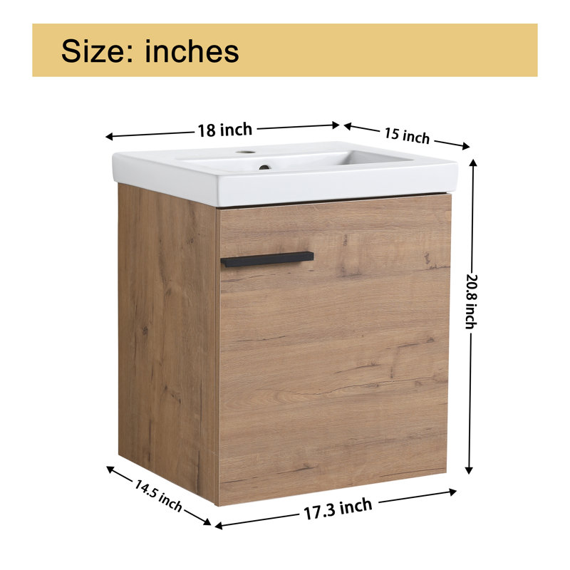  Deyvi 18" Single Sink Wall Mounted Bathroom Vanity,Floating Vanity With 1 Door,White Ceramic Top, Light Brown