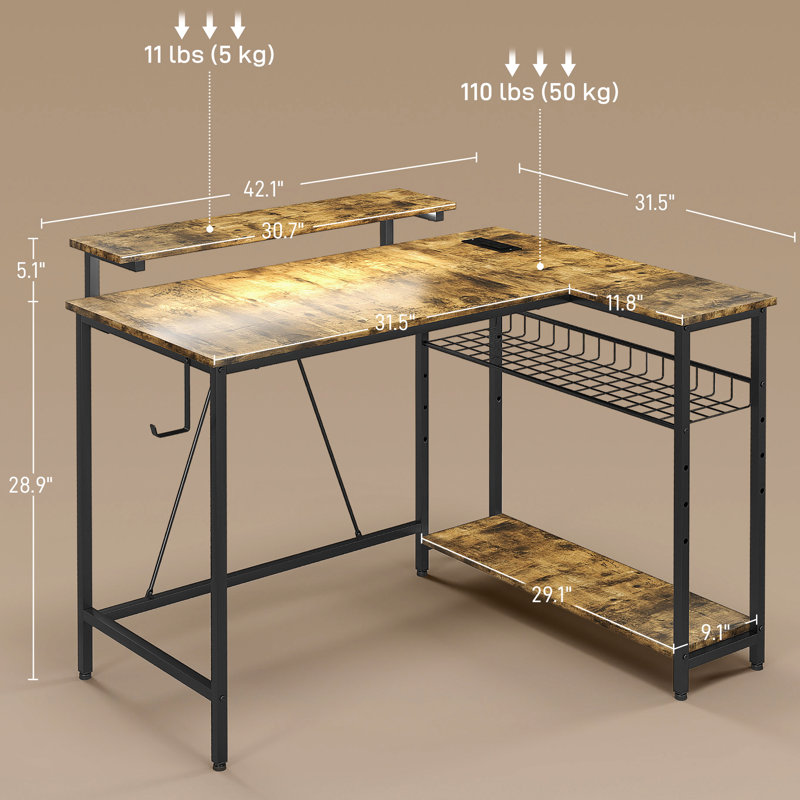 Bureau en forme de L de 42 po avec lumières à DEL, prises de courant et espace de rangement réversible brun rustique pour l'installation d'un bureau à domicile par éclairage, douille, charge,