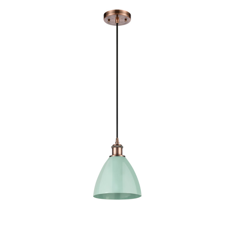 Luminaire suspendu conique 1 lumière, Vert clair, Cuivre antique