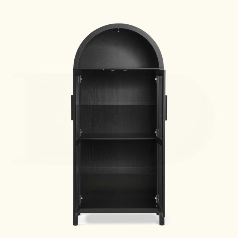 Modern Retro Arched Storage Cabinet with Light, Wooden Display Cabinet with Adjustable Glass Partitions, Multi-Functional Cabinet for Kitchen & Living Space