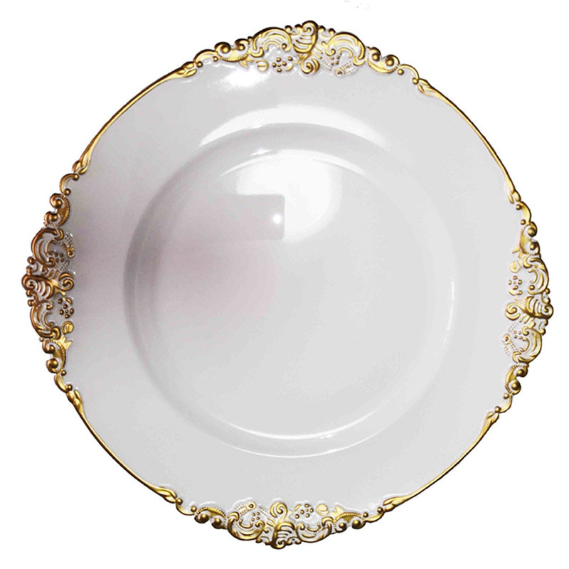 Round wedding party plastic plates white gold vintage Charger