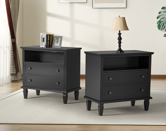 Amberlyn 27.2'' H Traditional  2-Drawer Nightstand with Built-In Outlets and Solid Wood Legs and Open Shelve (Set of 2)