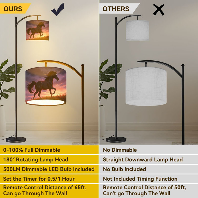 Arc Floor Lamp Majestic Black Horse Galloping Sunset Meadow Floor Lamps with Remote LED Lights Adjustable Lamp Shades Tall Standing Lamps for Reading Office Living Room
