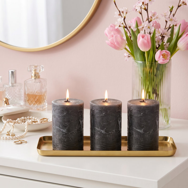 3 Piece Pillar Candle Set, Dark Grey