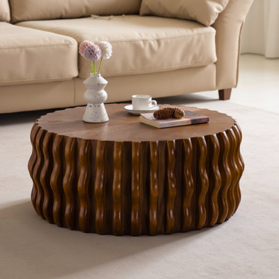 Drum Fluted Modern Round Coffee Table, Mid Century Circle Center Table with Sturdy Pedestal for Living Room and Bedroom