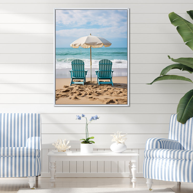 «Beach Chairs Scenery III - Coastal Beach», art mural sur toile, H 32 po x l 24 po x P 1 po, Cadre flottant blanc