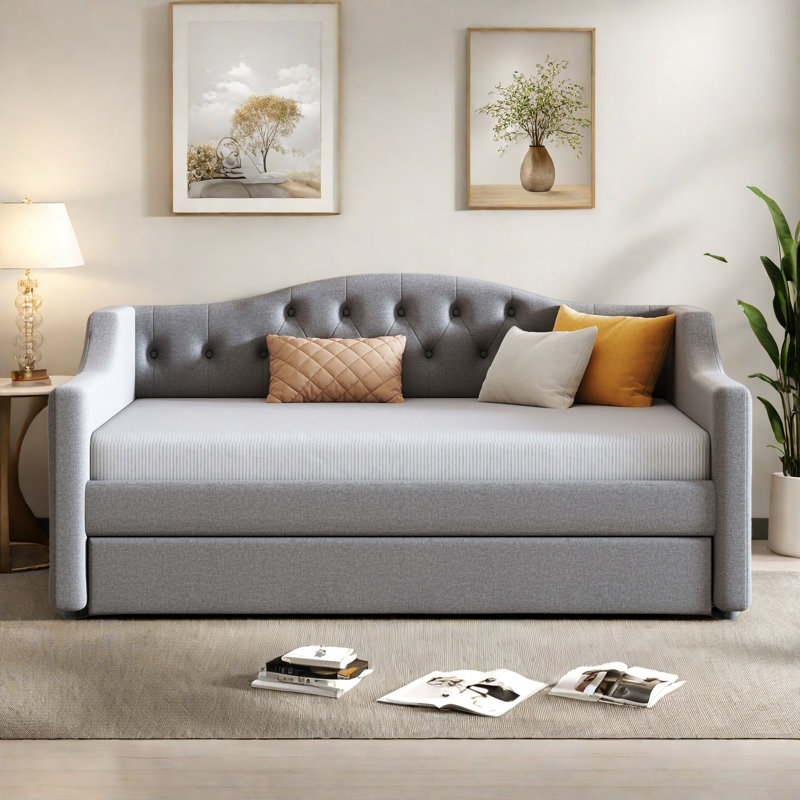 Lit de jour moderne rembourré avec ceinture à DEL, couchette et capitonnage à boutons, Gris