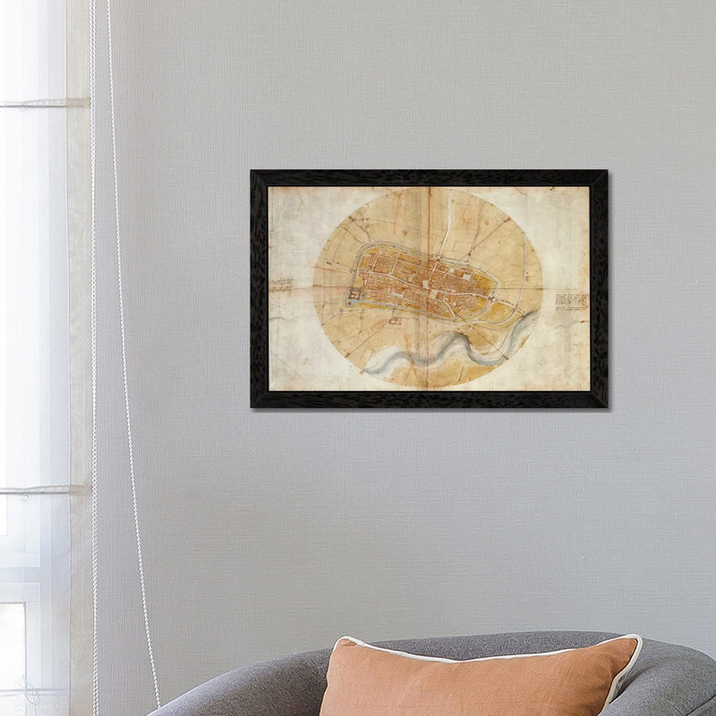 Map Of Imola, 1502 by Leonardo Da Vinci - Floater Frame Print on Canvas, 66.04 cm H x 45.72 cm W, Black