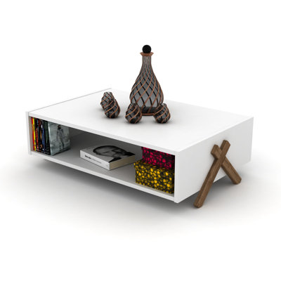 Table basse à structure en bois avec pieds croisés et tablettes intérieures, noyer / blanc | Idée de cadeau