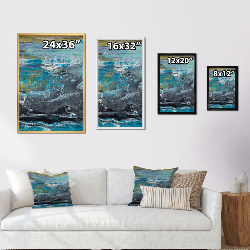 Artistic Blue Grey Brush Strokes - reproduction d'art sur toile encadrée, H 36 po x l 24 po x P 1 po, Cadre flottant noir