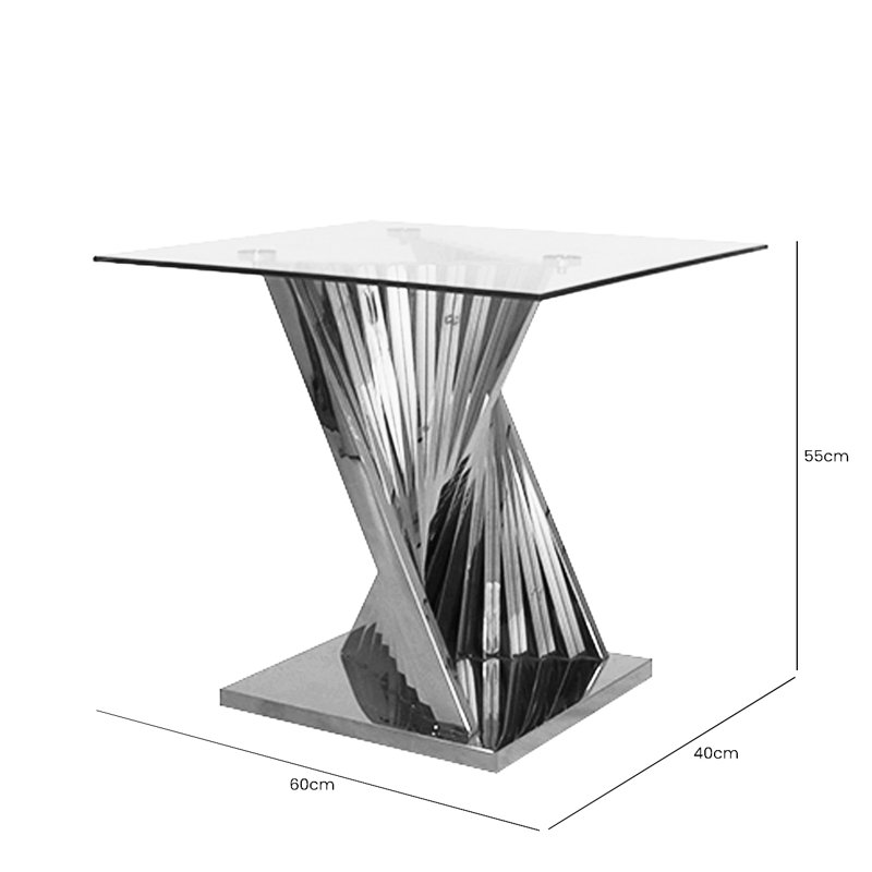 Arzan Glass Bedside Table For Living Room Furniture, Stainless Steel End Table With Glass Tabletop, Silver
