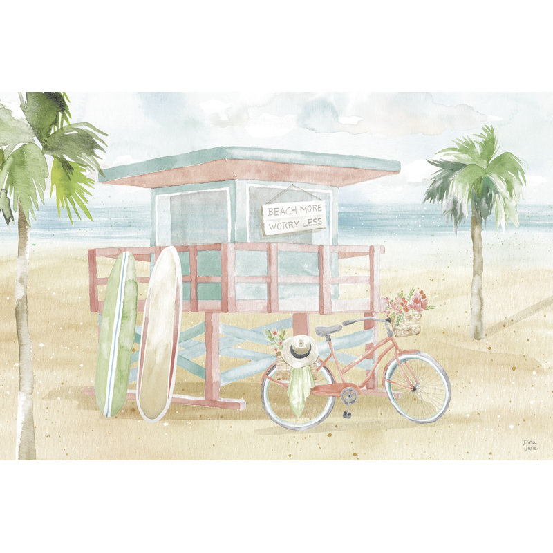Support de sauveteur, planches de surf, vélo, plage rose, vert, plage plus, souci moins, plus large