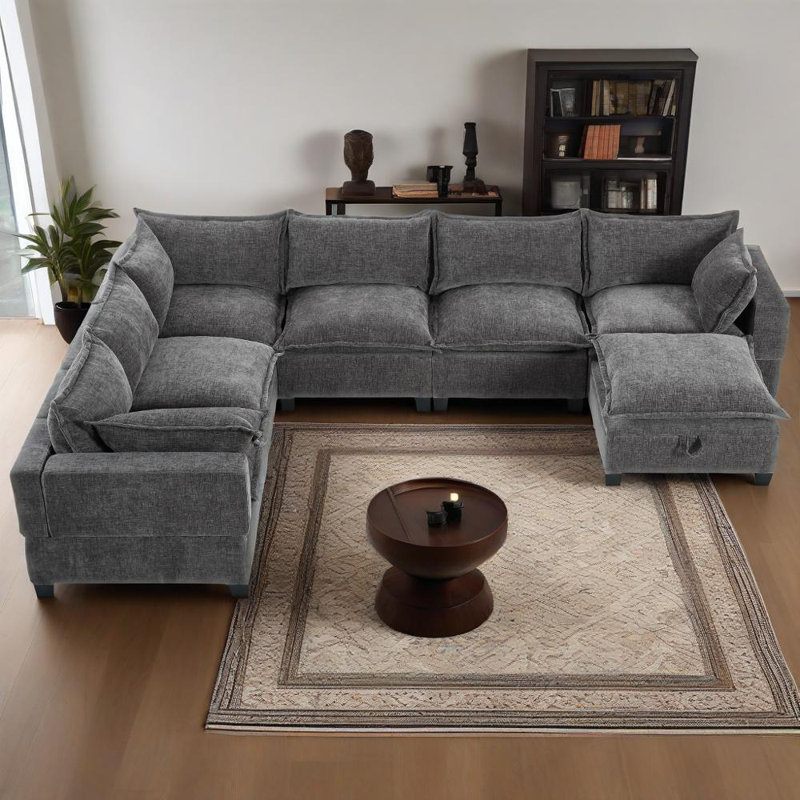 Canapé modulaire en chenille modulaire en forme de U avec repose-pieds 117,5 po, Gris chenille