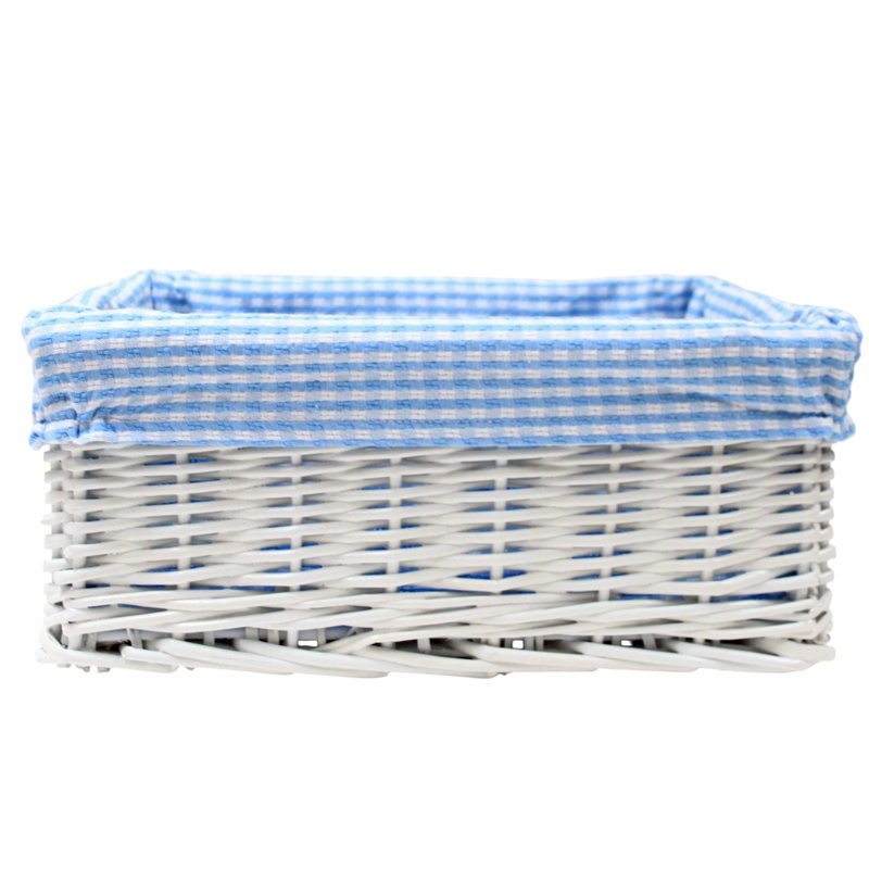 White Wicker Storage Basket with Blue Gingham Lining - 39x28x16cm